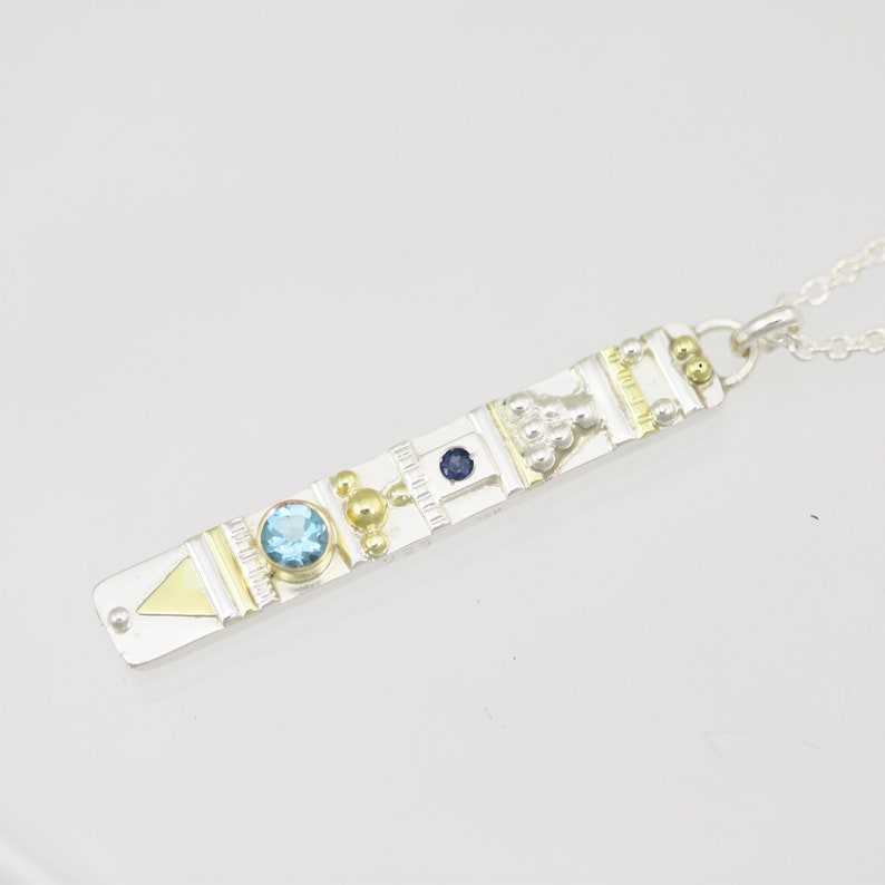 Totem Necklace with 2 Stones in Sterling Silver /& 14ky Gold with Blue Topaz and Sapphire