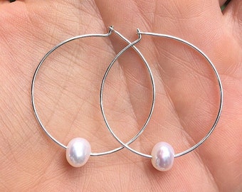 Floating Pearl Hoop Earrings in Sterling Silver