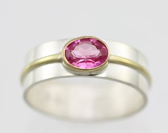 1 Stone Oval Wrap Ring in Sterling Silver & 14KY (Pink Tourmaline) Made to Order