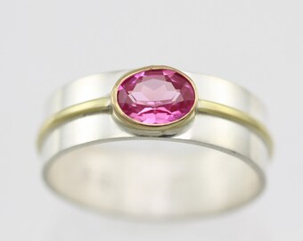 1 Stone Oval Wrap Ring in Sterling Silver & 14KY (Pink Tourmaline) Made to Order