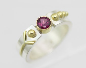 Asymmetrical Tension Ring with Rhodolite Garnet in Sterling Silver & 14ky Gold