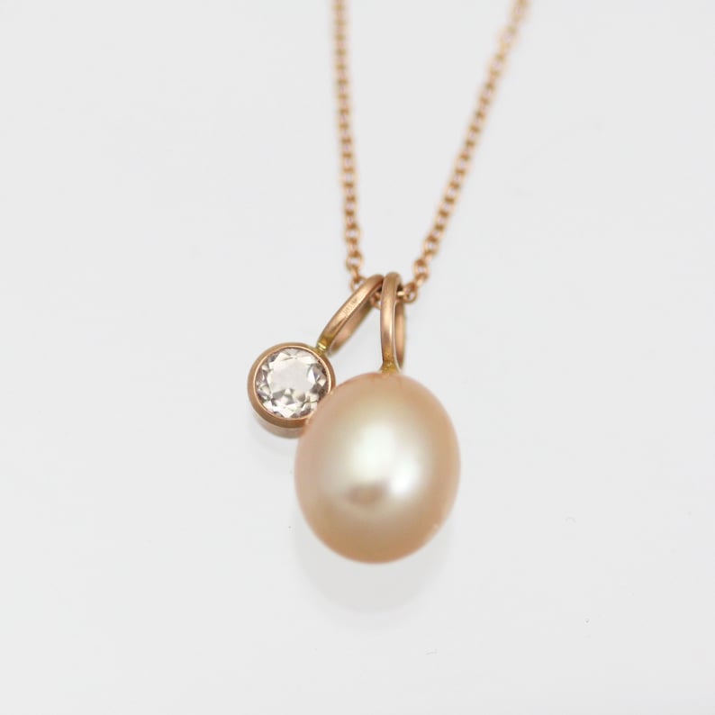 Oval Pink Pearl Drop Necklace in 14k Rose Gold image 5