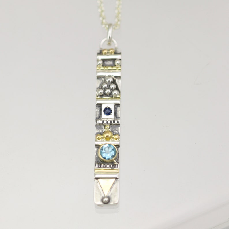 Totem Necklace with 2 Stones in Sterling Silver /& 14ky Gold with Blue Topaz and Sapphire