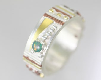 Totem Ring with 4 Stones (Ethiopian Opal, Garnet) Size 10 Sterling Silver, 14ky Gold, Copper