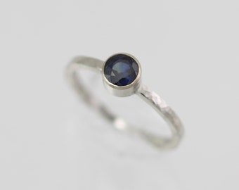 Sapphire Engagement Ring with Hammered 14k White Gold Band