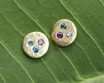 Hammered Chunk Studs with 3 Birthstones in 14ky Gold