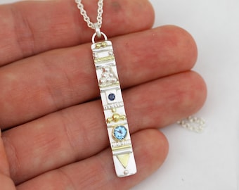 Totem Necklace with 2 Stones in Sterling Silver & 14ky Gold with Blue Topaz and Sapphire