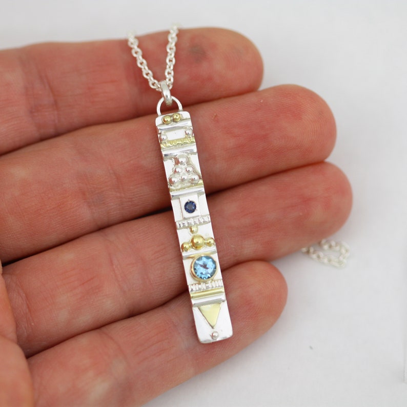 Totem Necklace with 2 Stones in Sterling Silver /& 14ky Gold with Blue Topaz and Sapphire
