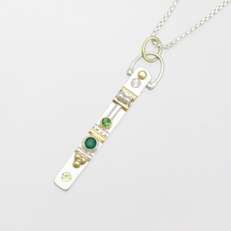 Small Totem Necklace with 4 Stones in Sterling Silver and 14ky Gold with Peridot, Emerald, Green Tourmaline and White Topaz 18" Sterling Silver