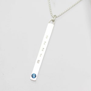 Vertical Mother&#39;s Necklace with Name and Birthstone in sterling silver