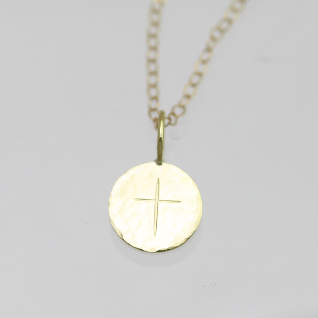 Hammered Stamped Cross Disc Pendant 9mm 14K Yellow Gold made to Order