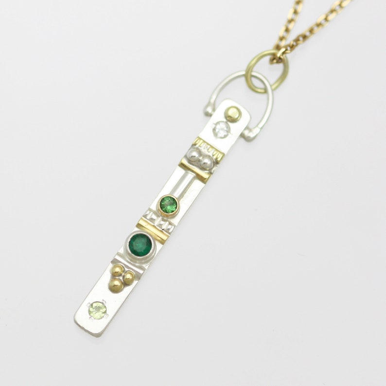 Small Totem Necklace with 4 Stones in Sterling Silver and 14ky Gold with Peridot, Emerald, Green Tourmaline and White Topaz 18" 14ky Gold