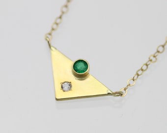 Triangle with 2 Stones (Emerald, White Topaz) in 14k Yellow Gold