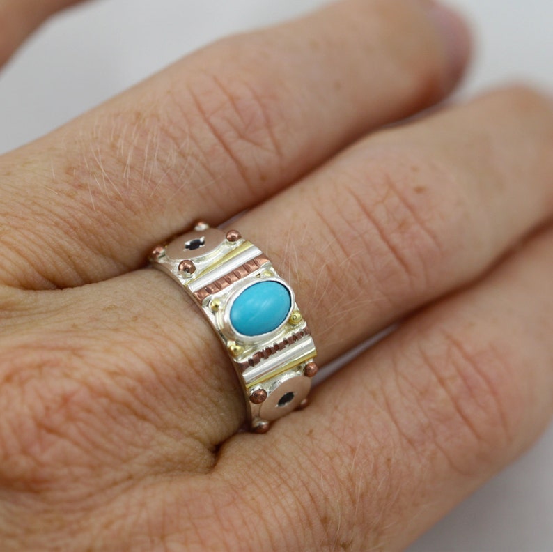 Oval Totem Ring with Turquoise & Sapphire in 14ky gold, Sterling Silver and Copper image 5