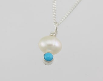 Pearl Drop Necklace with Turquoise in Sterling Silver