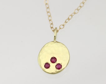 Hammered Chunk Necklace with 3 Rubies in 14ky Gold