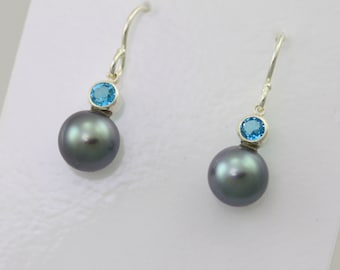 Tahitian Pearl Drop Earrings with Stone in Sterling Silver & Blue Topaz