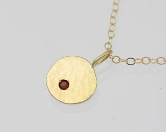 Hammered Chunk Necklace with Stone, Sm. (Garnet)(16") in 14ky Gold