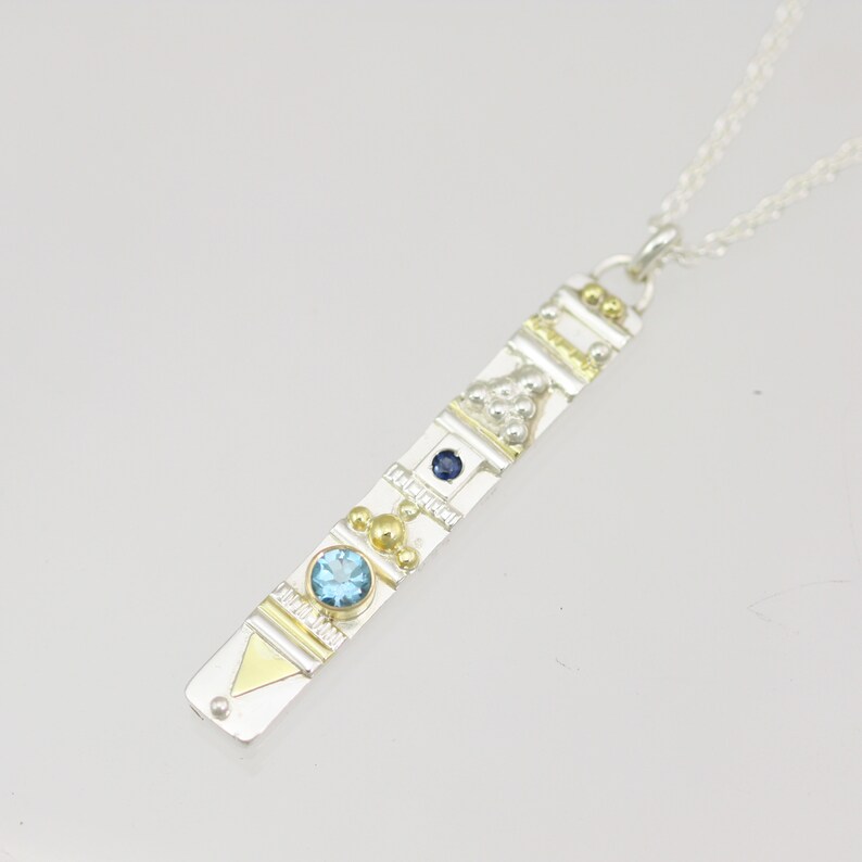Totem Necklace with 2 Stones in Sterling Silver /& 14ky Gold with Blue Topaz and Sapphire