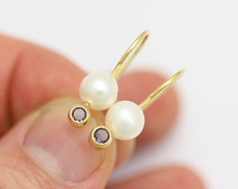 Pearl Drop Earring with Alexandrite Birthstone in 14k Yellow Gold