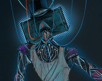 Vox of the Vees - TV Head Robot Art, Pin Up Tech Illustration, shirtless mechanical android