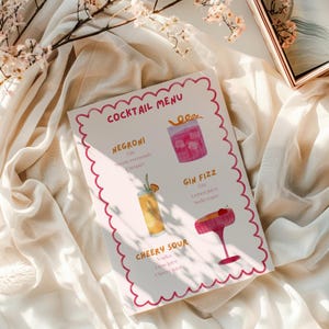Menù di nozze disegnato a mano, menù di nozze acquerellato, menù da bar moderno, menù da cocktail per matrimoni, menù colorato, modello personalizzabile e modificabile.