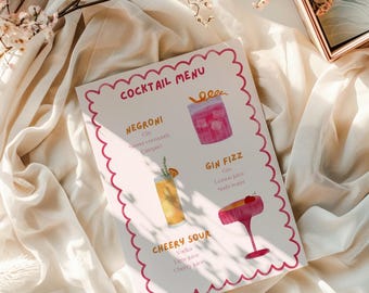 Watercolor Wedding Cocktail Menu, Hand-Drawn Illustrations (Canva Template)