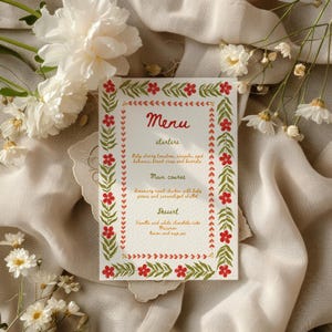 Modèle de menu de mariage, toile éditable, menu de mariage coloré, menu de réception de mariage bohème, menu de mariage dessiné à la main, menu de mariage aquarelle