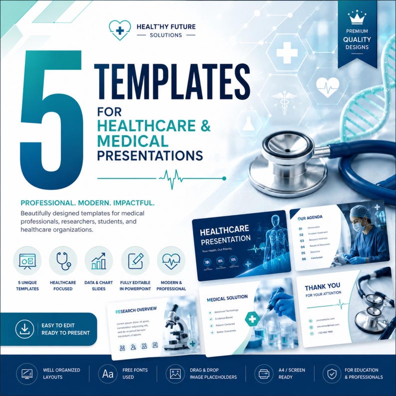 Peut inclure: Graphique promotionnel pour des mod&egrave;les de pr&eacute;sentation m&eacute;dicale et de soins de sant&eacute;. Le design pr&eacute;sente un st&eacute;thoscope, un grand chiffre 5 et le texte "5 Mod&egrave;les pour les pr&eacute;sentations m&eacute;dicales et de soins de sant&eacute;". Le design est bleu et blanc.