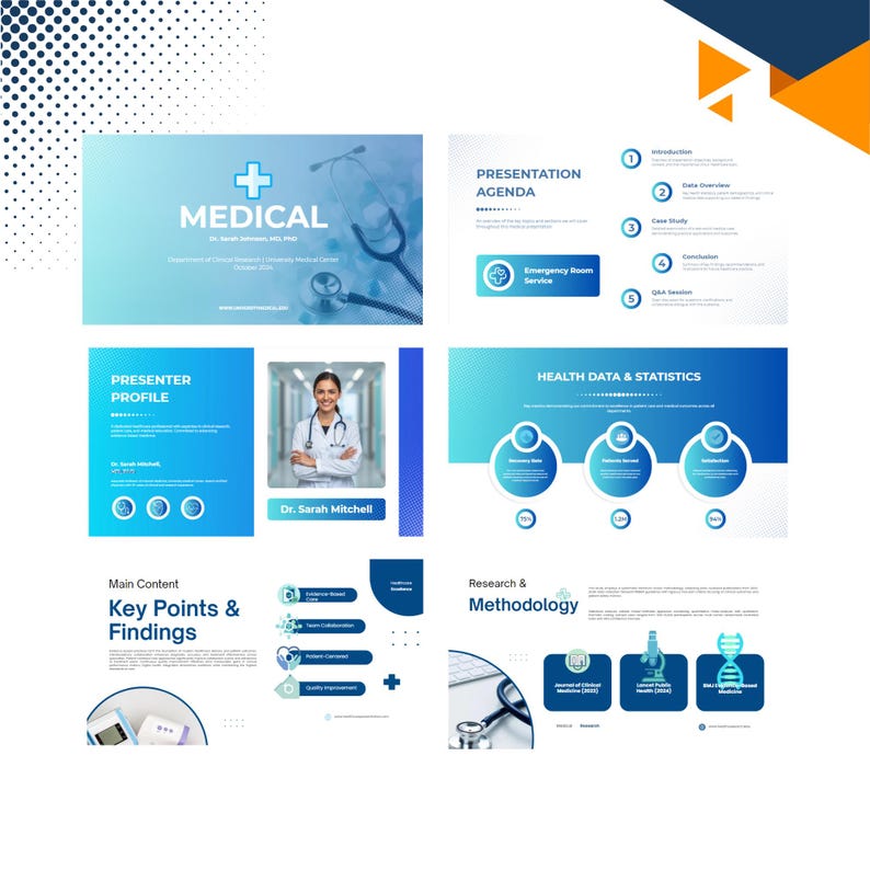 Peut inclure: Mod&egrave;le de pr&eacute;sentation m&eacute;dicale bleu et blanc. Les diapositives comprennent des titres tels que &laquo;&nbsp;M&eacute;dical&nbsp;&raquo;, &laquo;&nbsp;Ordre du jour de la pr&eacute;sentation&nbsp;&raquo;, &laquo;&nbsp;Profil du pr&eacute;sentateur&nbsp;&raquo;, &laquo;&nbsp;Donn&eacute;es et statistiques de sant&eacute;&nbsp;&raquo; et &laquo;&nbsp;Recherche et m&eacute;thodologie&nbsp;&raquo;. Une photo d'un m&eacute;decin est &eacute;galement incluse.
