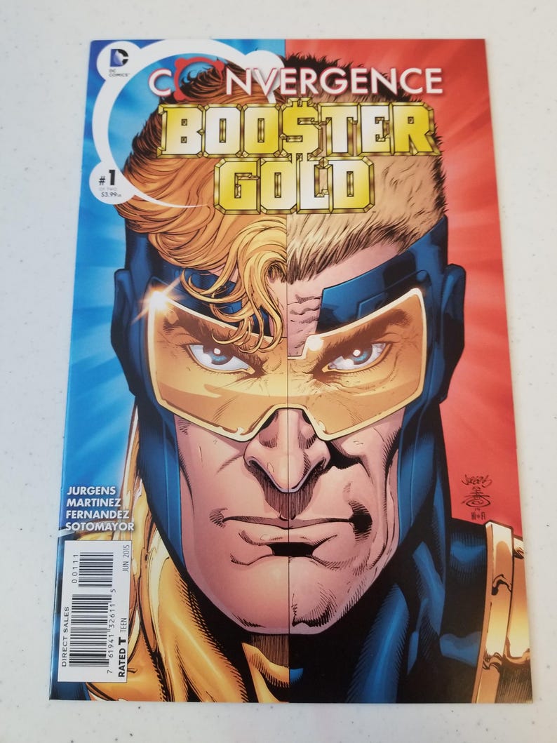 Może przedstawiać: Okładka komiksu "Convergence: Booster Gold #1". Okładka przedstawia podzielony obraz twarzy superbohatera z niebieskim i czerwonym tłem. Tytuł "BOOSTER GOLD" jest w złotych literach. Komiks jest oceniony jako T dla nastolatk&oacute;w.