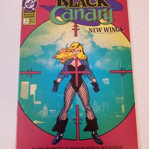 Może przedstawiać: Okładka komiksu "Black Canary" numer 3, przedstawiająca postać kobiety w czarnym body i pończochach z siatki, z blond włosami. Tytuł "Black Canary" jest napisany dużymi, stylizowanymi literami. Tło przedstawia krajobraz miejski i niebo.