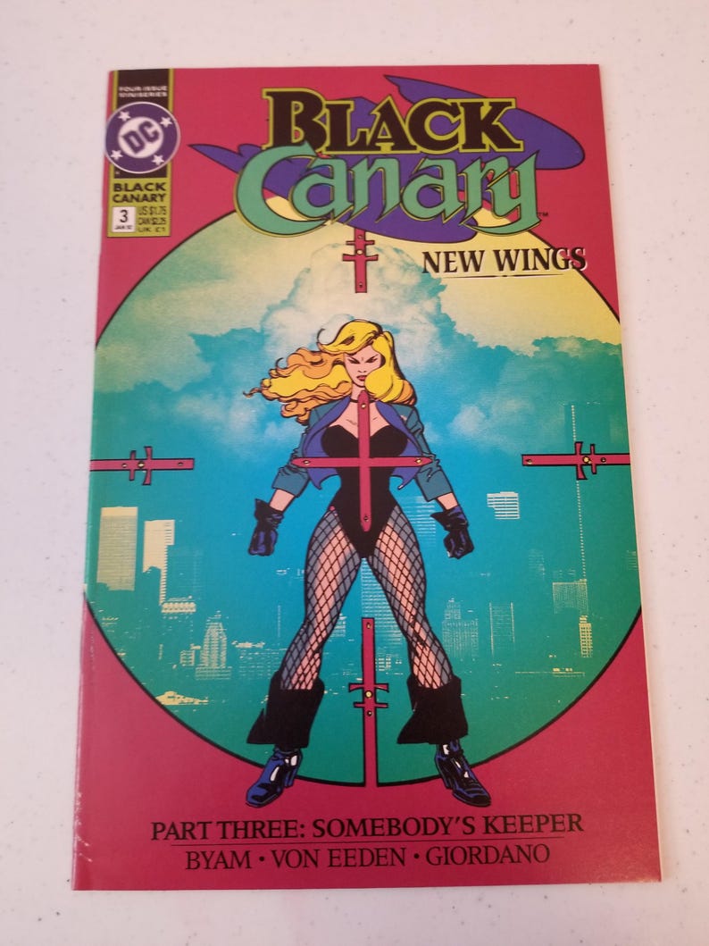 Może przedstawiać: Okładka komiksu "Black Canary" numer 3, przedstawiająca postać kobiety w czarnym body i pończochach z siatki, z blond włosami. Tytuł "Black Canary" jest napisany dużymi, stylizowanymi literami. Tło przedstawia krajobraz miejski i niebo.