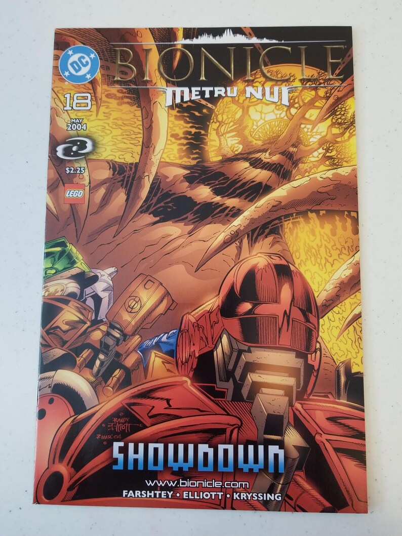Może przedstawiać: Okładka komiksu Bionicle Metru Nui #18, opublikowanego w maju 2004 roku. Na okładce czerwony robot na pierwszym planie ze słowem &bdquo;SHOWDOWN&rdquo; w kolorze niebieskim. Tło ma ognisty, pomarańczowo-brązowy wz&oacute;r.