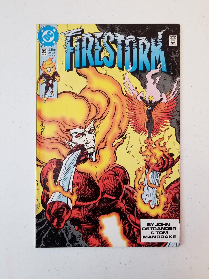 Może przedstawiać: Okładka komiksu Firestorm. Tytuł jest w kolorze niebieskim i białym. Okładka przedstawia muskularną postać z płomieniami i ognistą głową. Mniejszy obraz Firestorm znajduje się w lewym g&oacute;rnym rogu. Komiks ma numer 99.