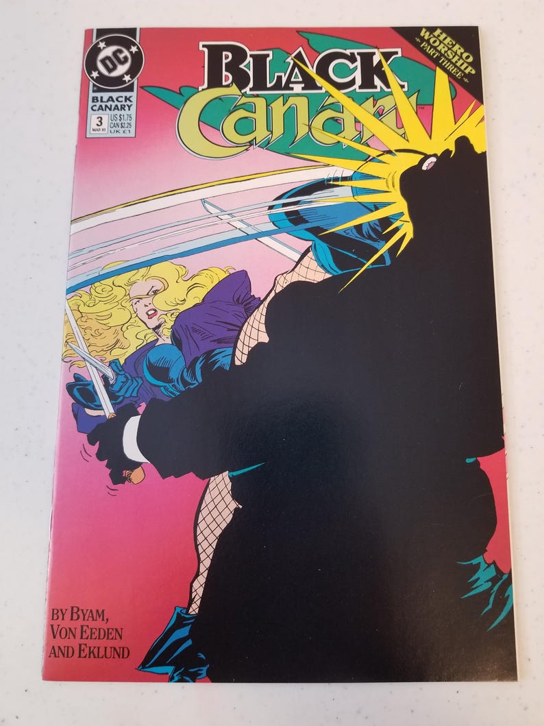 Może przedstawiać: Okładka komiksu Black Canary #3, z dynamiczną ilustracją. Grafika przedstawia blondwłosą kobietę w fioletowym stroju walczącą z czarną postacią. Tytuł jest ż&oacute;łty i zielony, na r&oacute;żowym i czarnym tle.