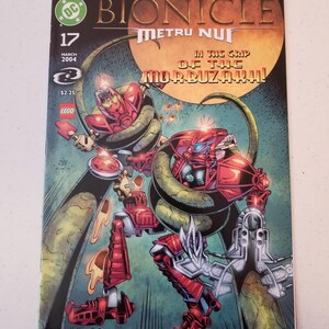 Może przedstawiać: Komiks Bionicle, numer 17, przedstawiający czerwone i srebrne robotyczne postacie walczące z zielonym stworzeniem przypominającym węża. Okładka zawiera tekst "Metru Nui" i "In the Grip of the Morbuzahk!" z logo DC Comics i LEGO.