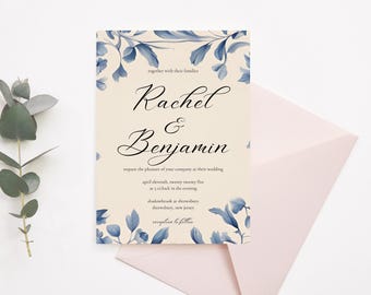 Blue Floral Bohemian Wedding Invitation Template Bundle, Floral Wedding Invitation Template Download, Boho Wedding Invitation Bundle