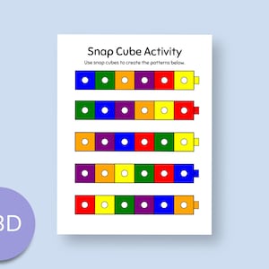 Puede incluir: Una hoja de trabajo imprimible con el título "Snap Cube Activity". La hoja de trabajo tiene cinco filas de cuadrados vacíos con círculos de colores dentro. El texto debajo del título dice "Usa cubos de encaje para crear los patrones a continuación."