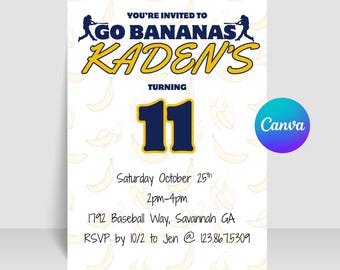 Zaproszenie urodzinowe na mecz baseballowy Bananas: Edytowalne pobranie cyfrowe