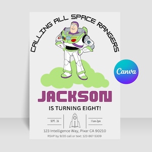 May include: A birthday invitation featuring Buzz Lightyear from Toy Story. The invitation is white with green and purple accents. It says "Calling all Space Rangers" and "Jackson is turning eight!" with a date, time, and address.