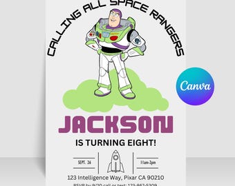 May include: A birthday invitation featuring Buzz Lightyear from Toy Story. The invitation is white with green and purple accents. It says "Calling all Space Rangers" and "Jackson is turning eight!" with a date, time, and address.