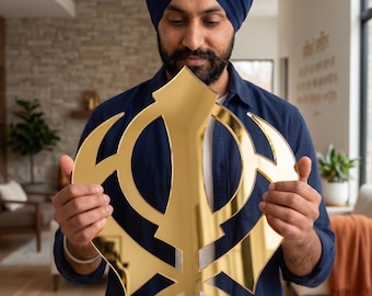 Golden Mirror Acrylic Khanda Sahib | Sikh Wall Decor