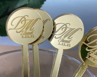 Couple initials drink stirrers, 1 side mirror gold Wedding Stirrers, Family Name Cocktail Bar Favor, Signature Drink, Luxury Bar Sign