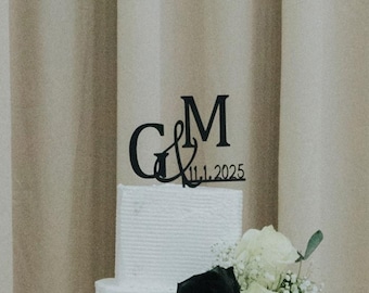 Black Acrylic Cake Topper Initials With date  Black Tags Luxury Wedding Cake Place Cards Personalized Wedding Cake Topper Script Names