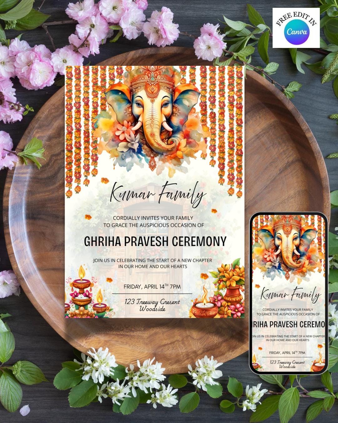 Ganesha Gruhapravesham Invitation, Indian Housewarming, Editable Canva ...