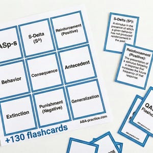 Può includere: Un set di flashcard bianche con bordi blu e testo, tra cui termini come "QASp-s", "Comportamento" e "Rinforzo (Positivo)". Il set include oltre 130 flashcard, con alcune singole carte sparse.
