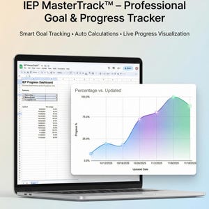 May include: A laptop displaying the "IEP MasterTrack - Professional Goal & Progress Tracker" interface. The screen shows a spreadsheet and a line graph titled "Percentage vs. Updated". The graph visualizes progress over time with a blue to green gradient.