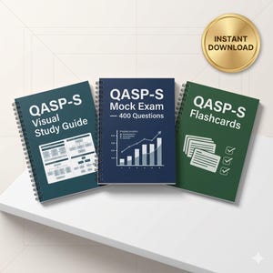 May include: Three spiral-bound study guides with the text "QASP-S" on the covers. The guides are titled "Visual Study Guide", "Mock Exam - 400 Questions", and "Flashcards". A gold-colored circle with "INSTANT DOWNLOAD" is in the upper right.