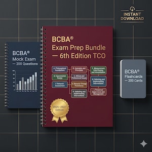 Puede incluir: Un conjunto de materiales de preparación para el examen BCBA, que incluye un examen simulado, tarjetas didácticas y una guía de estudio. El examen simulado tiene 200 preguntas y las tarjetas didácticas tienen 200 tarjetas. La guía de estudio es un libro encuadernado en espiral con el texto "BCBA Exam Prep Bundle - 6th Edition TCO".